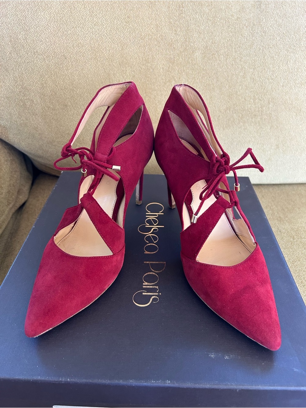 Chelsea Paris Burgundy Suede Lace-Up Pointed Toe Heels